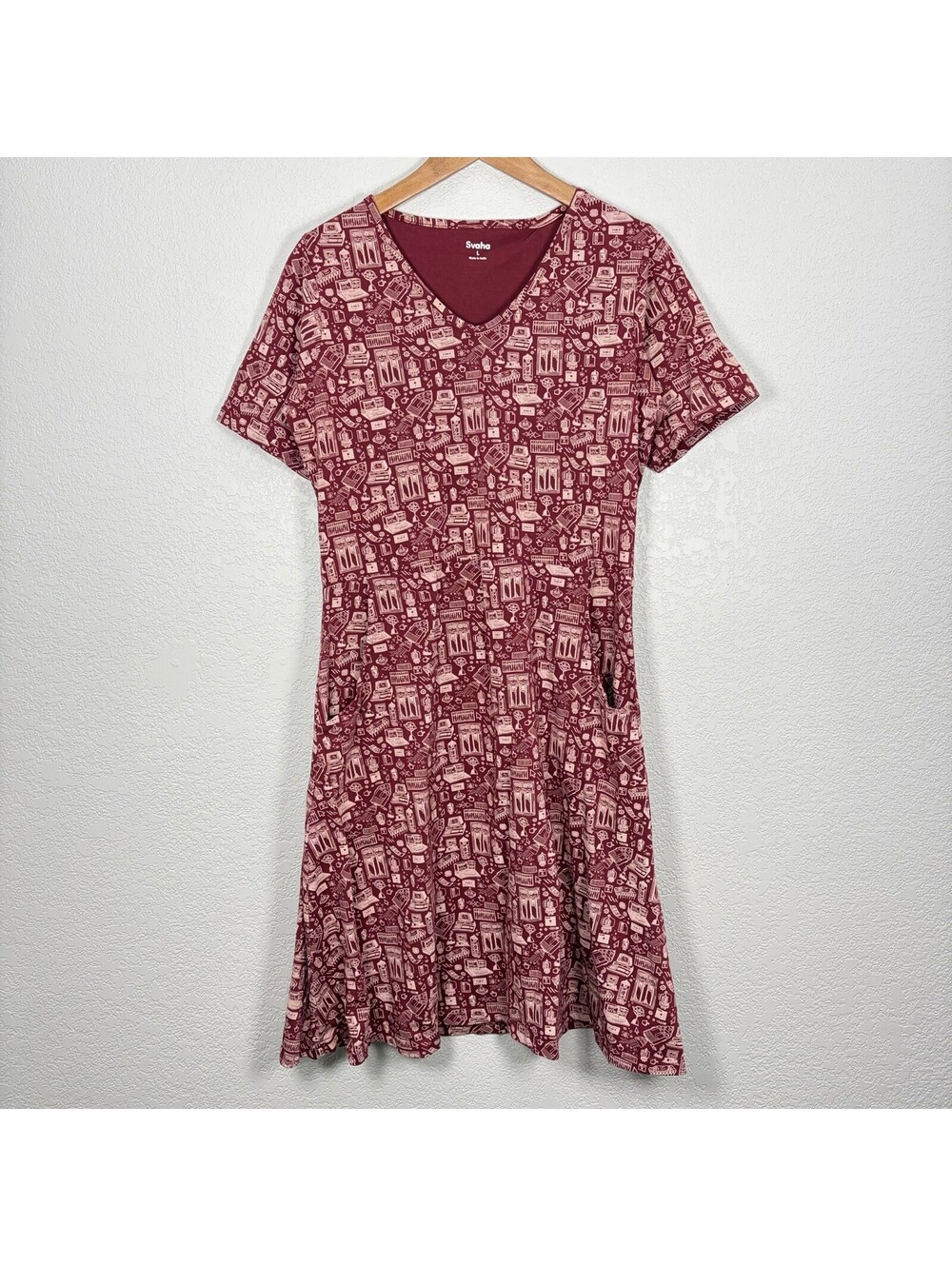 Svaha Women’s L Science STEM Print Midi Dress Burgundy Short Sleeve Teacher